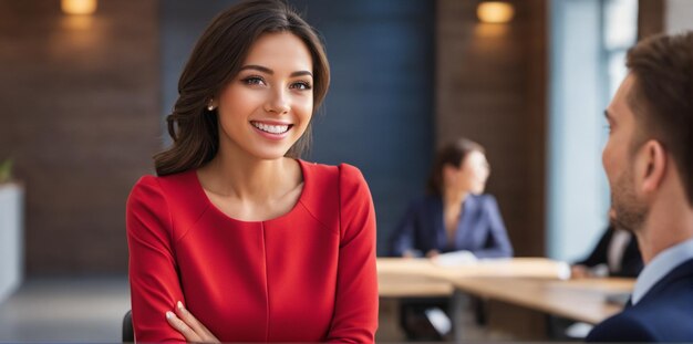 A business woman smiling and sitting in front of a client