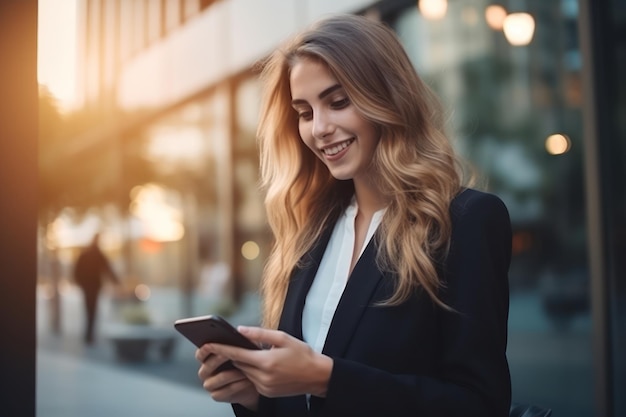 Business woman smiling while texting on smartphone