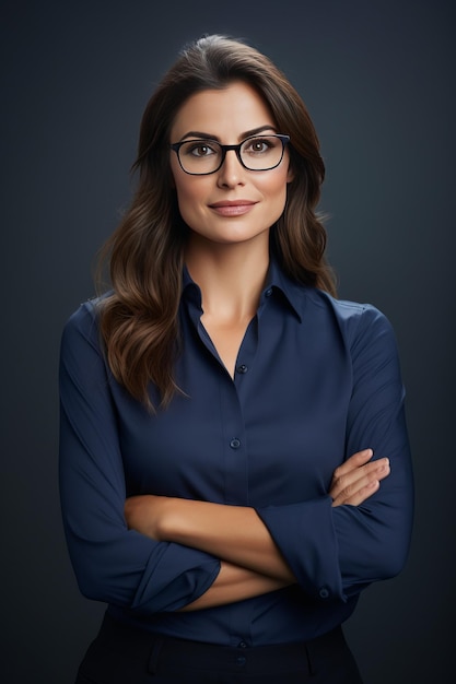 Photo business woman smiling young woman in blue shirt on the dark background