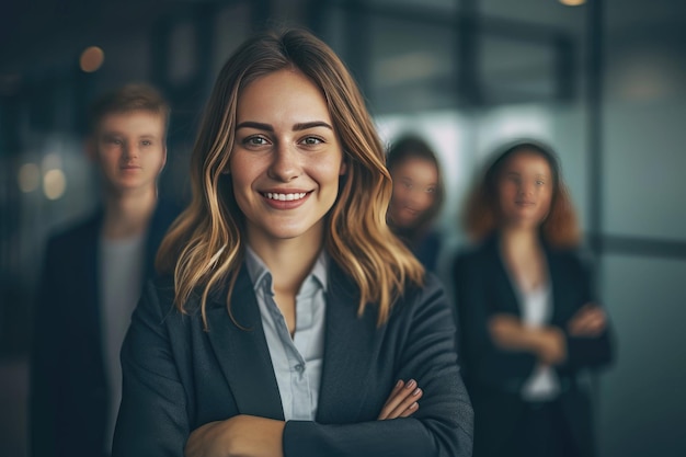 a business woman standing in front of her team