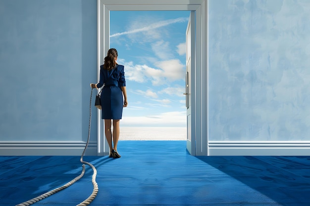 Foto una donna d'affari in piedi davanti a una porta aperta