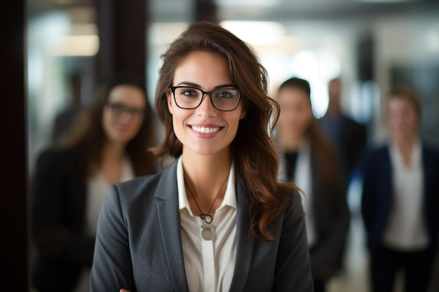 A business woman standing in a grey suit in the office