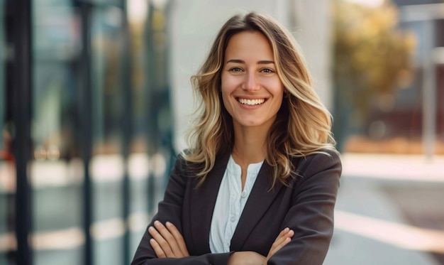 business woman standing outside the office portrait of a smiling cheerful businesswoman