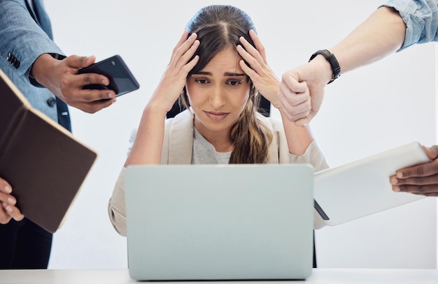 business woman and stress for hands with technology for multitasking work pressure and overload or task deadline time management burnout and headache of workload or delegation and overwhelmed