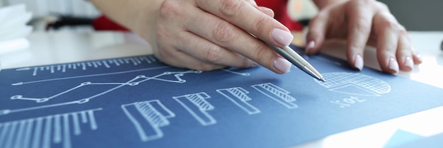 Photo business woman studying graph in financial report closeup