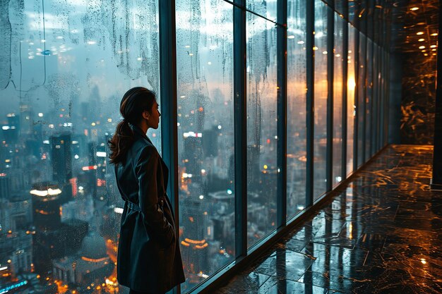 Деловая женщина в костюме в офисе смотрит на современный город с небоскребами через панорамный окно закат
