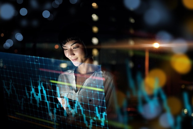 business woman tablet and dashboard at night of stock market trading or graph and chart data at office female trader or broker working late on technology checking trends analytics or statistics