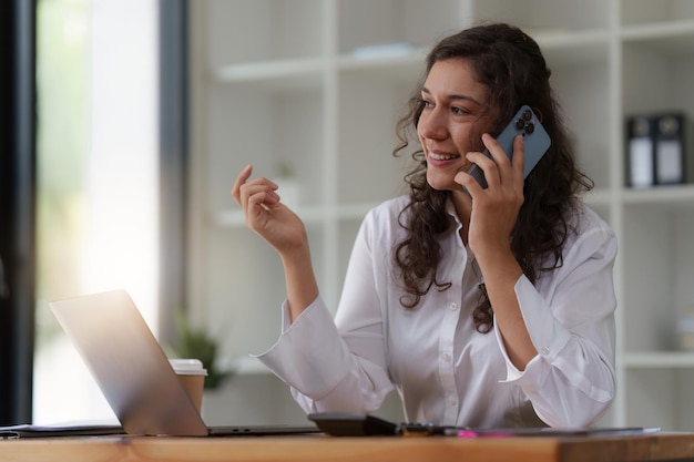 Business woman talking phone at office space real estate lawyer\
nonprofit marketing