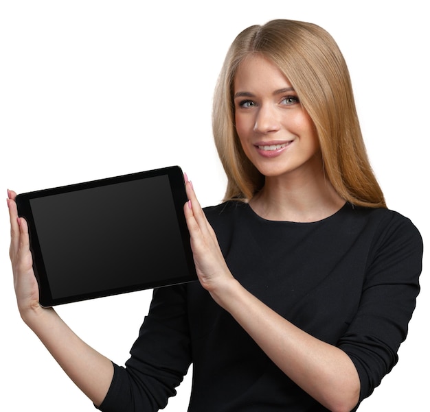 디지털 태블릿 컴퓨터를 사용 하여 비즈니스 우먼