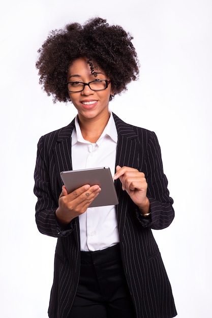 business woman using tablet isolated on white background