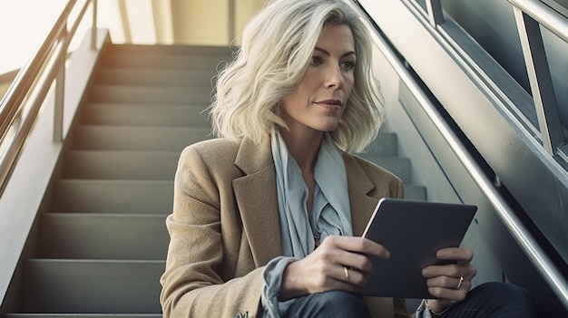 Photo business woman using tech device to see her business information online