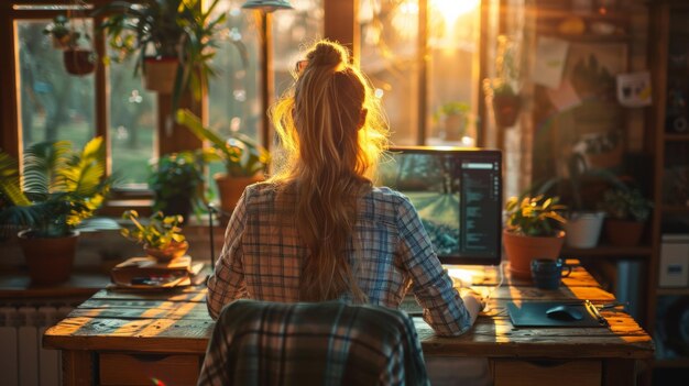 ビジネスの女性 ビデオコール 居心地の良いホームオフィス セットアップ AI ゲネレーティブ