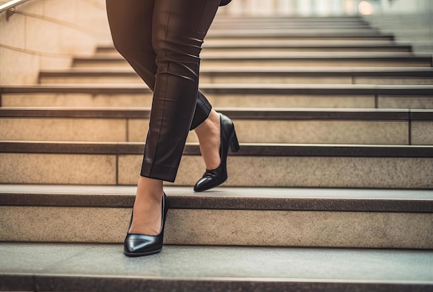 그녀의 발 뒤꿈치를 사용하여 계단을 내려가는 비즈니스 우먼