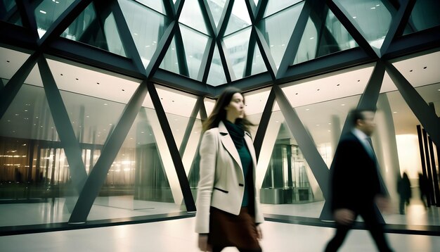 A business woman walks in motion through a building with a glass ceiling