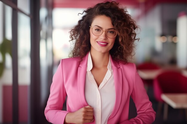 Business woman wearing pink blazer with office background