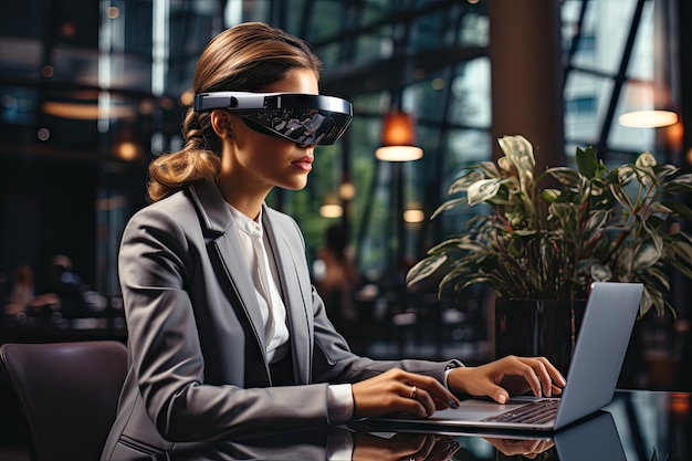 Foto donna d'affari che indossa un auricolare vr mondo surreale e realtà virtuale che lavora in un ufficio moderno da