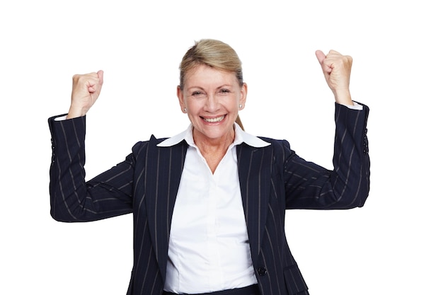 Photo business woman winner and success with professional achievement goals and leadership isolated on white background champion portrait and corporate win with happy senior executive and motivation