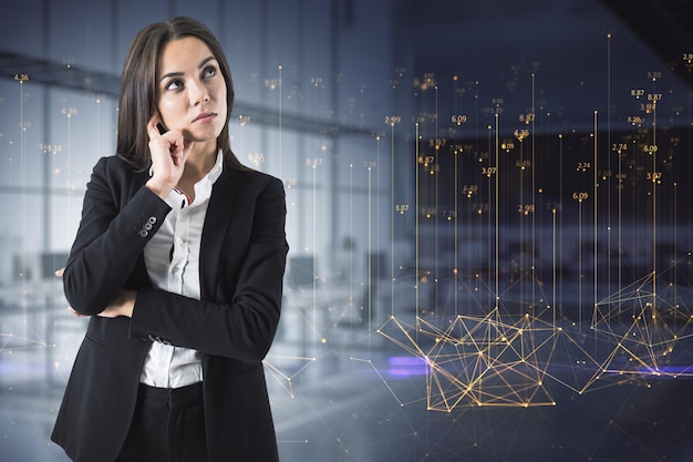 business woman with abstract polygonal lines hologram standing on blurry office interior background