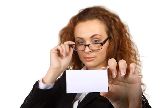 Business woman with blank business card