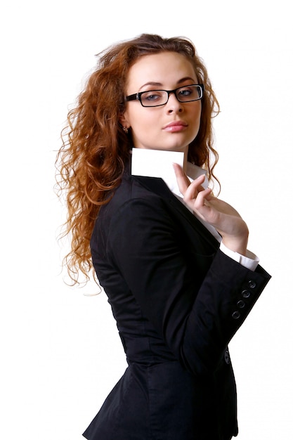 Business woman with blank business card