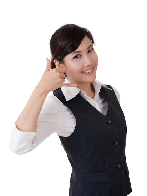 Business woman with calling sign,closeup portrait on white.