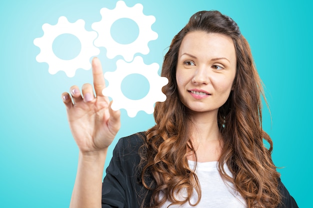 Photo business woman with finger point up