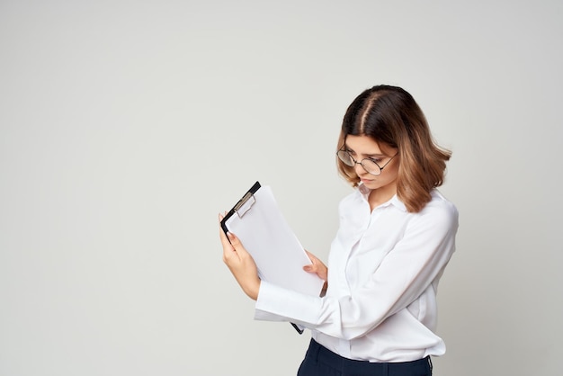 Business woman with folder in hands Copy Space office High quality photo