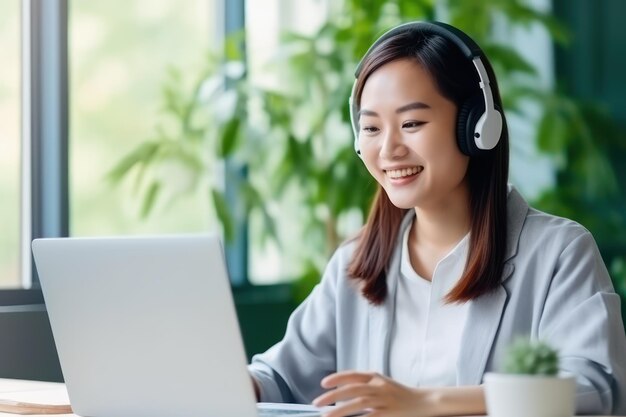 Business woman with headset using laptop