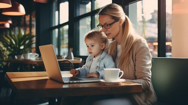 Photo business woman with kid sitting in cafe and working laptop