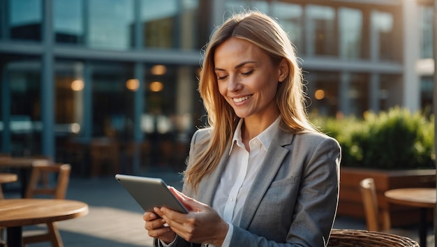 A business woman with a laptop or tablet works in a cafe on the street near modern business