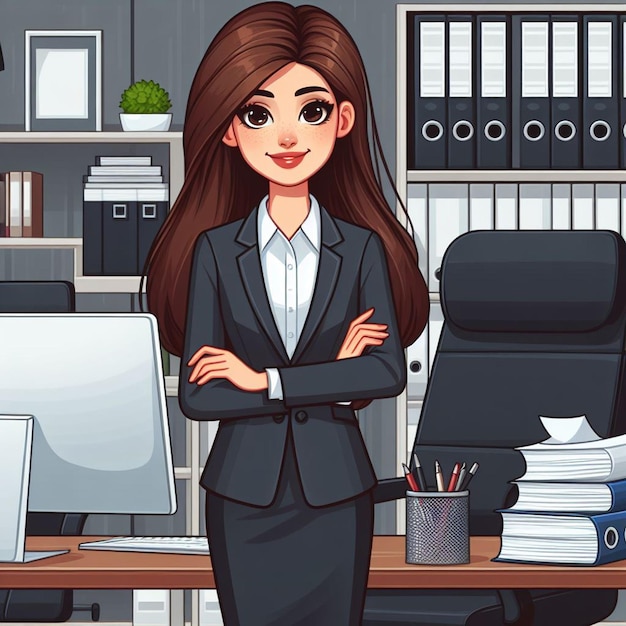 Photo business woman with paper documents standing in office room interior cartoon smiling female executi