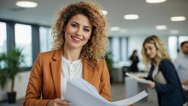 Business woman with papers in a bright office