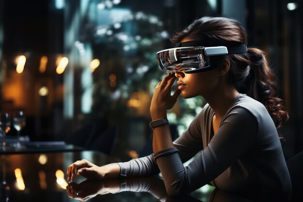 Business woman with VR headset and digital technology in modern office