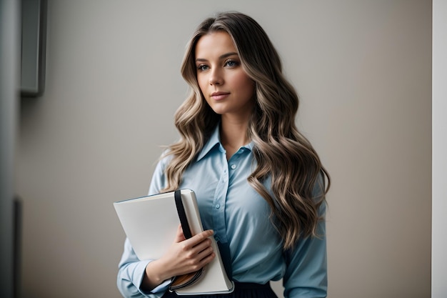 business woman with wavy long hair and stands holding a notebook in hands