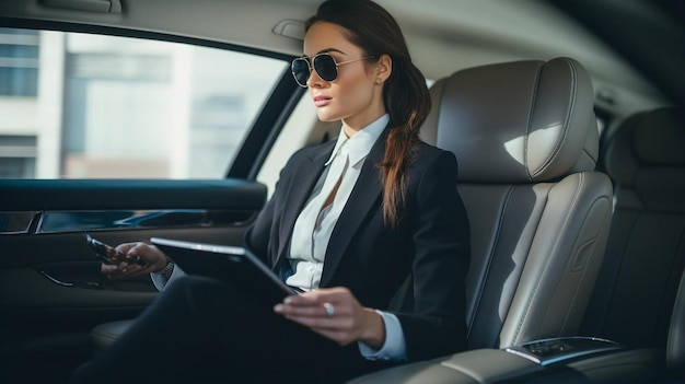 business woman working on the backseat of her luxury car