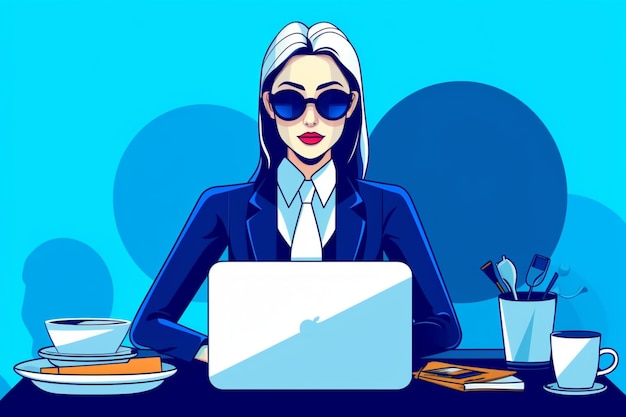 Business woman working blue background