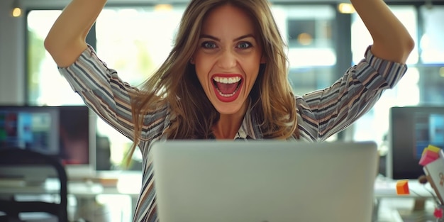 Foto donna d'affari che lavora su un portatile ai generativa