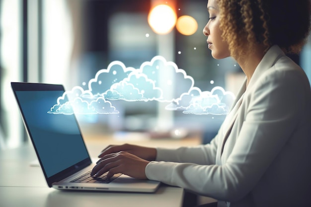 Business woman working remotely on her laptop with her important data in the cloud