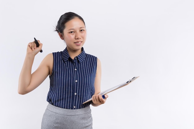 Business woman write on clipboard