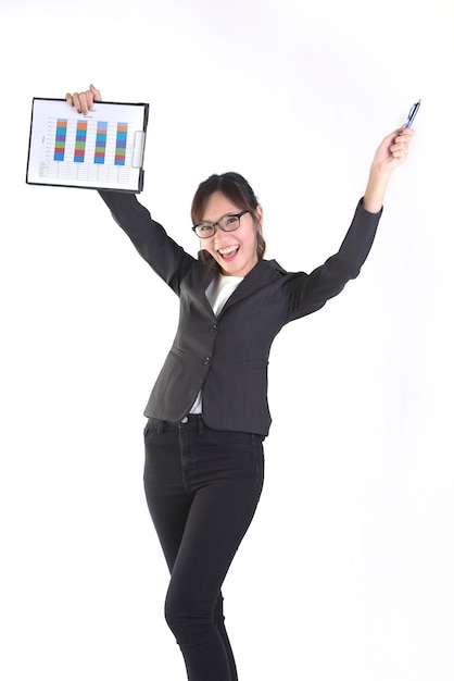 Business women in business suit holding black folder with paperwork.