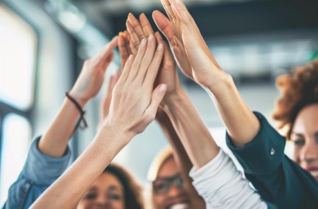 Business women and hands in air together for support or teamwork celebration and target achievement