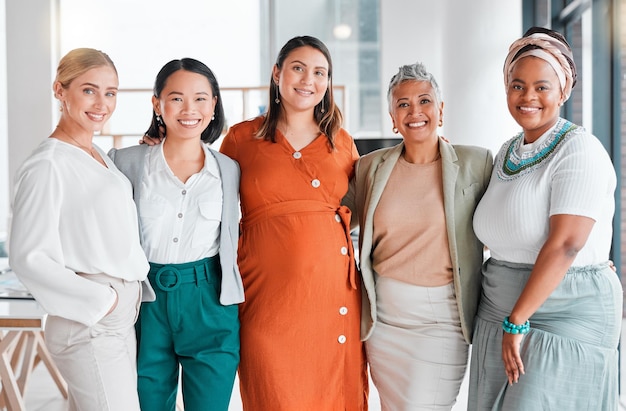 Photo business women only portrait and diversity in office teamwork inclusion and team building empowerment happy asian african and senior manager with pregnant woman for support goals and job success