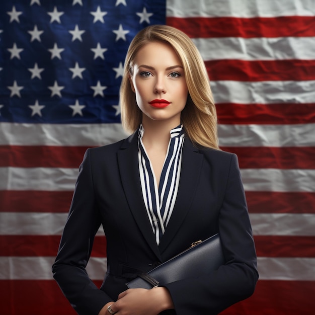 business women standing beside usa flag