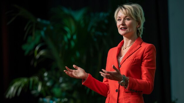 business women standing on stage with confidence