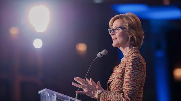 business women standing on stage with confidence