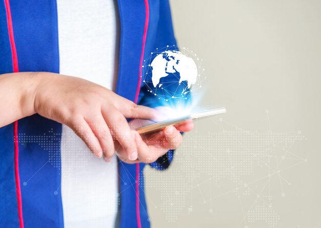 Photo business women with smartphone mobile on blurred background, technology network and online banking and internet banking and networking people concept