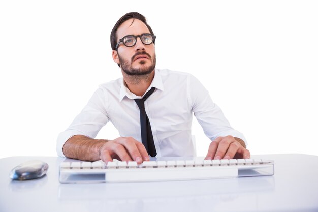 Business worker with reading glasses on computer