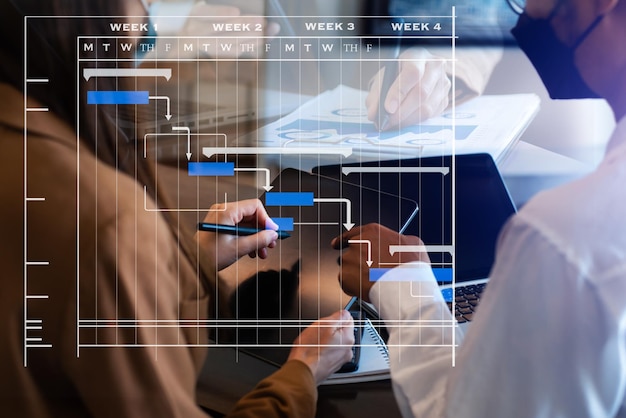 Business working with smart phone tablet and laptop in office\
project manager working and update tasks with milestones progress\
planning and gantt chart xa