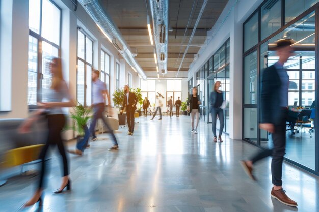 Photo business workplace with people in walking in blurred motion in modern office space generative ai