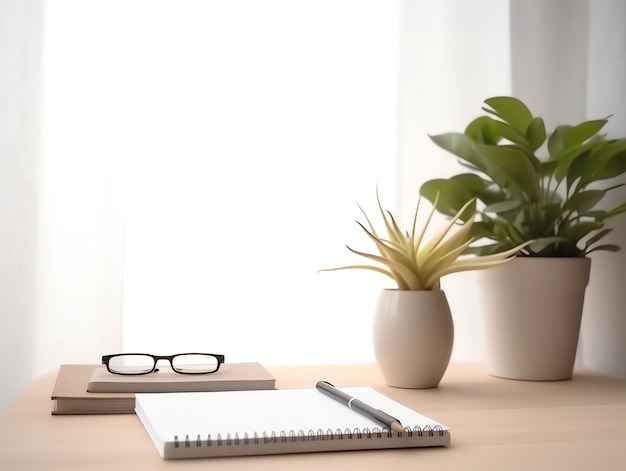 Business workspace desk with blank paper coffee and plant on table background